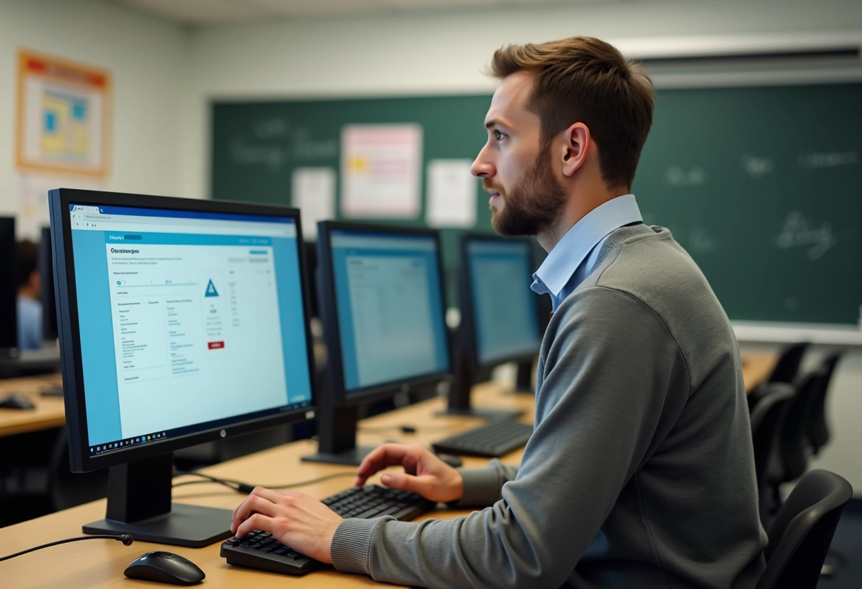 Homme dans une salle de classe utilisant un ordinateur pour mettre à jour ses coordonnées