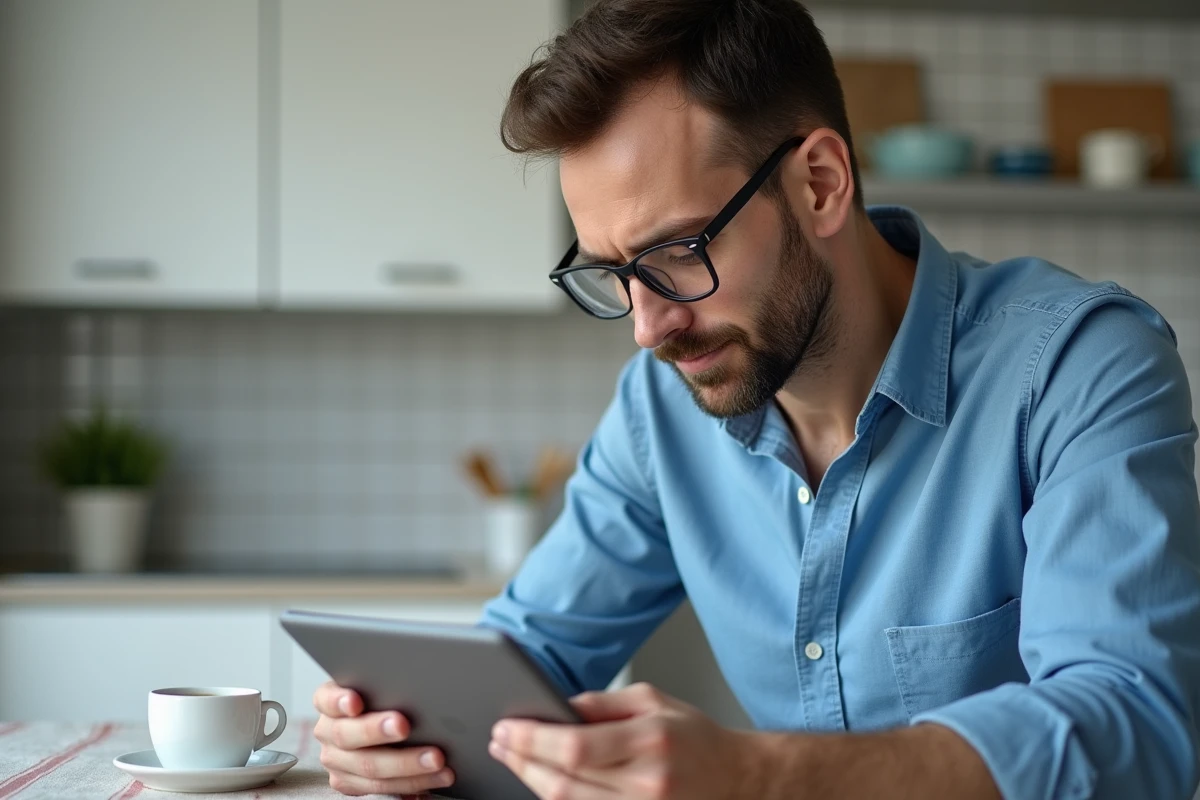 Homme utilisant une tablette pour accéder à melouvert depuis son domicile dans une cuisine moderne