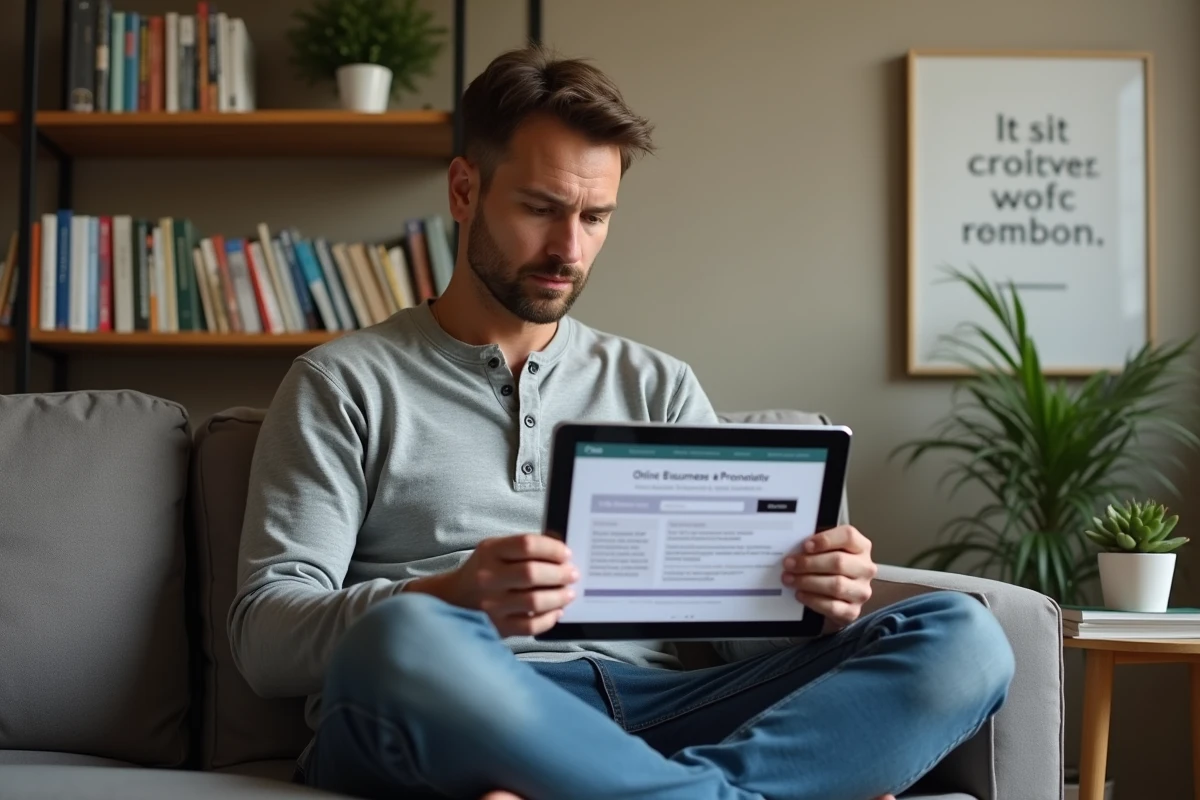 Homme en télétravail consultant un logiciel d'emailing spécialisé pour formations en ligne sur tablette