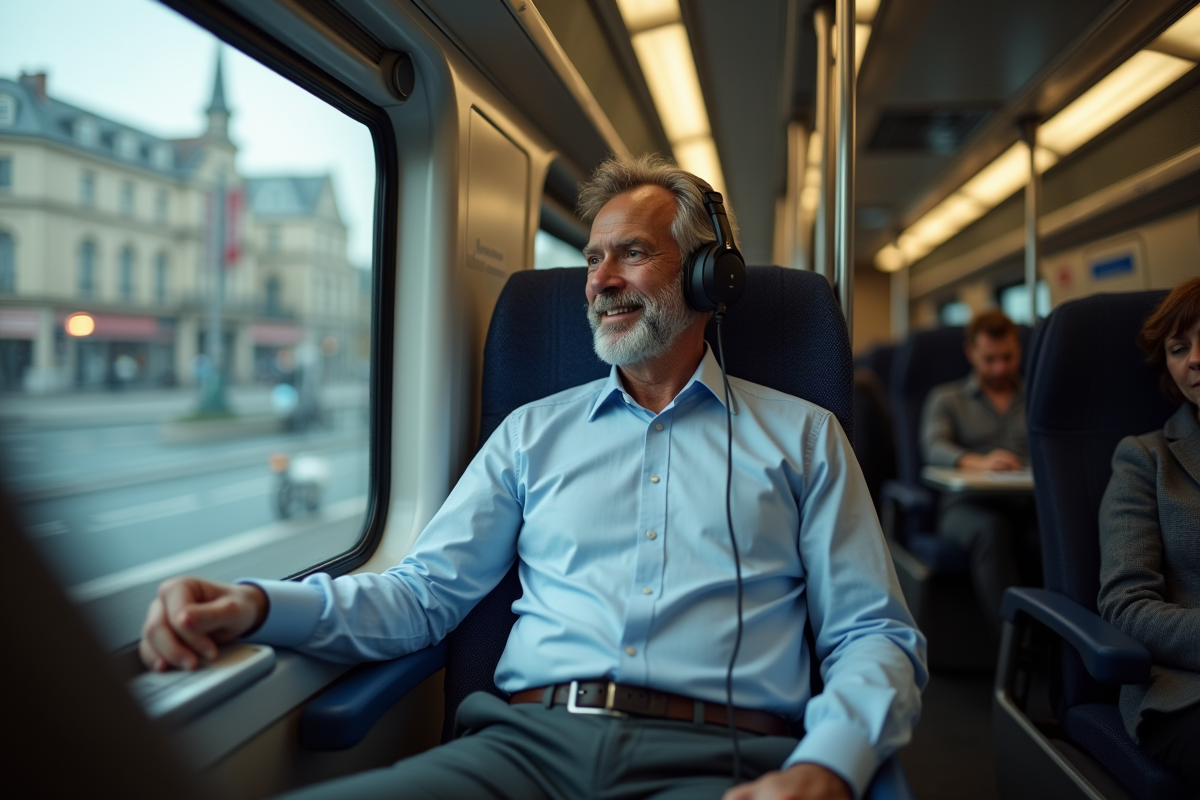 Homme français écoutant un podcast dans le train