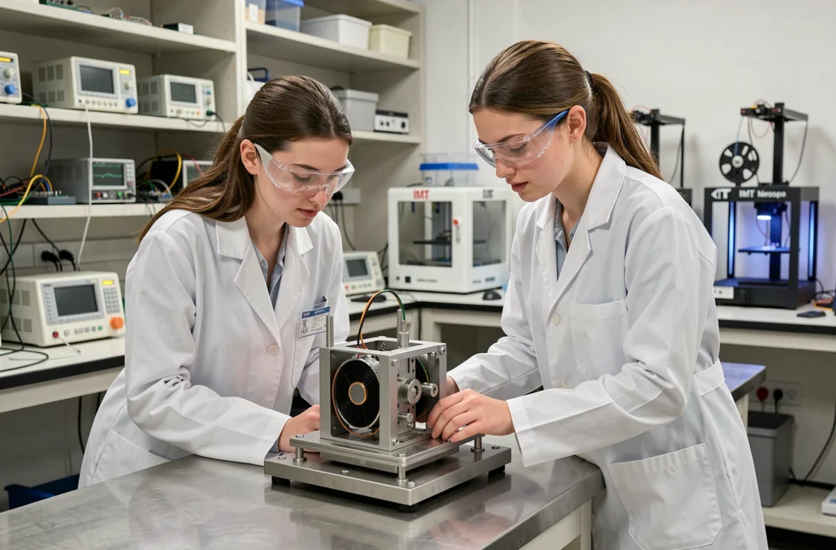 Étudiantes en blouse blanche travaillant sur un prototype dans un laboratoire d'IMT Nord Europe