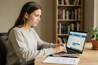 Jeune femme inscrivant sa candidature sur l'espace candidat Cyclades depuis son bureau à domicile