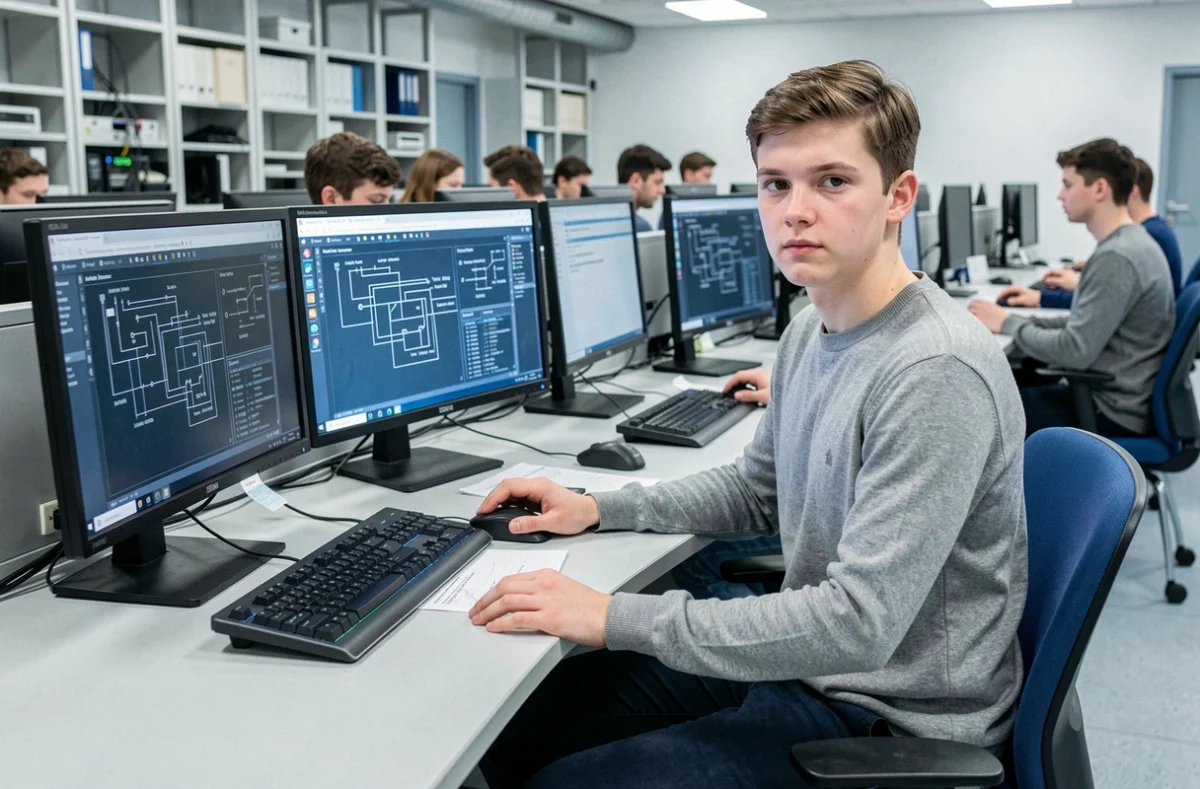 Étudiant de l'ISEN Lille travaillant sur des schémas de circuits dans une salle informatique
