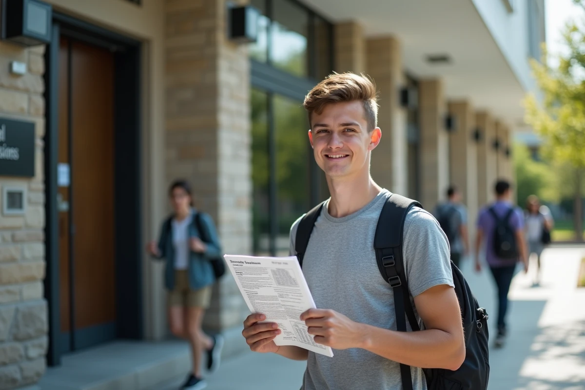 Étudiant regardant la caméra devant un bâtiment universitaire