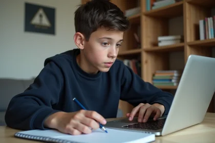 Jeune adolescent fran&ccedil;ais utilisant un ordinateur &agrave; la maison