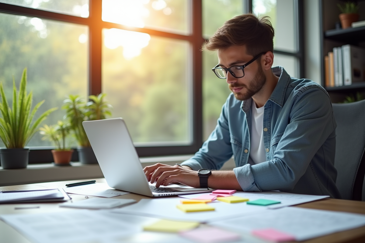 Jeune entrepreneur concentré à son bureau lumineux