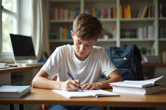 Jeune garçon étudiant à son bureau en pleine révision