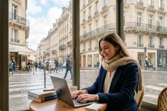 Jeune femme en blazer navy souriante dans un café parisien