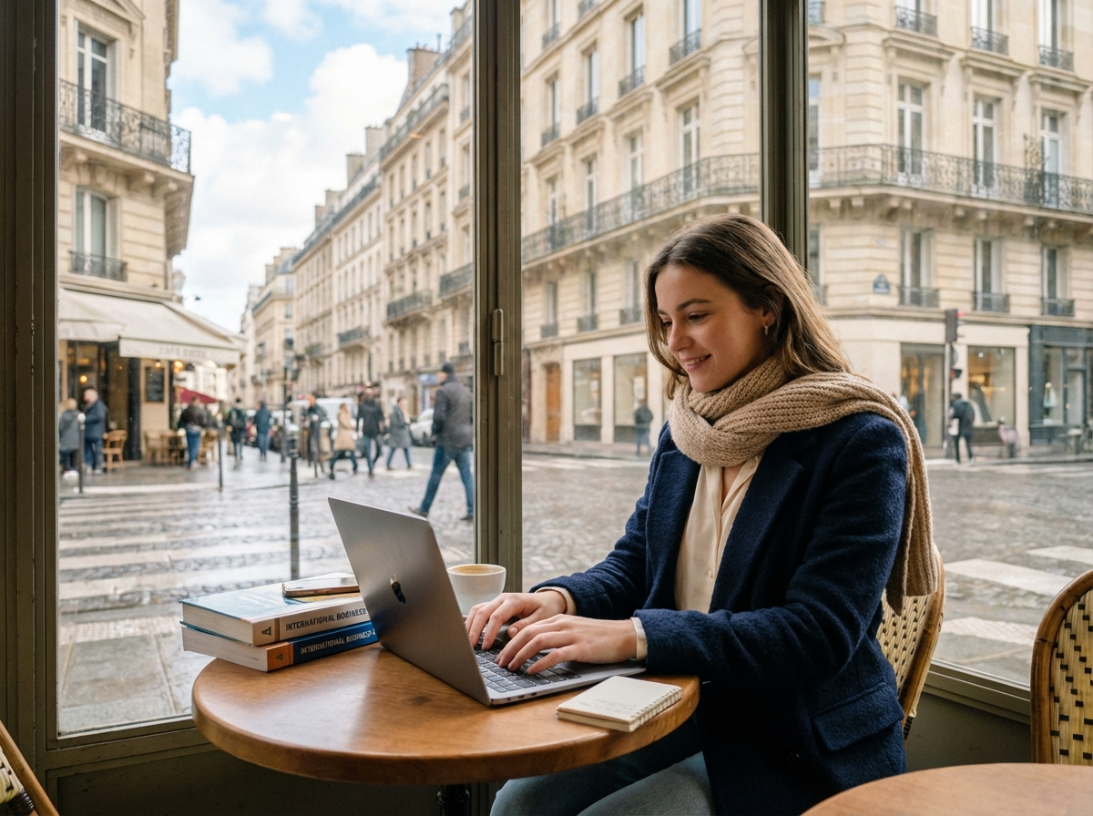 Jeune femme en blazer navy souriante dans un café parisien
