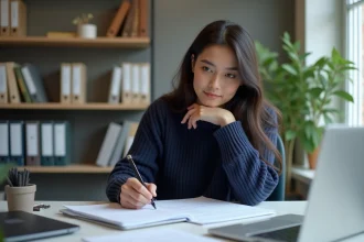 Jeune femme concentrée remplissant un formulaire dans un bureau moderne