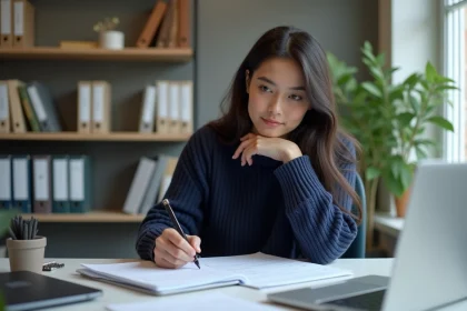 Jeune femme concentr&eacute;e remplissant un formulaire dans un bureau moderne