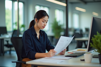 Jeune femme au bureau étudiant ses documents d'internat