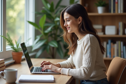 Jeune femme concentr&eacute;e travaillant sur son ordinateur dans un bureau