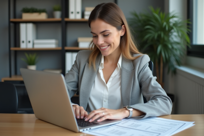 Jeune femme professionnelle souriante au bureau avec ordinateur