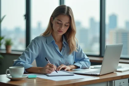 Jeune femme professionnelle en bureau moderne organisant un planner