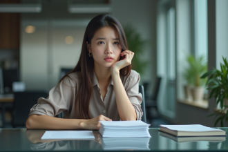 Jeune femme en bureau moderne avec documents et porte fermée