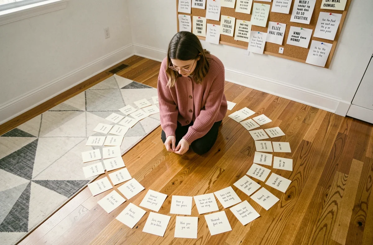 Jeune femme organisant des cartes de vers manuscrits au sol pour composer un poème complet et structuré