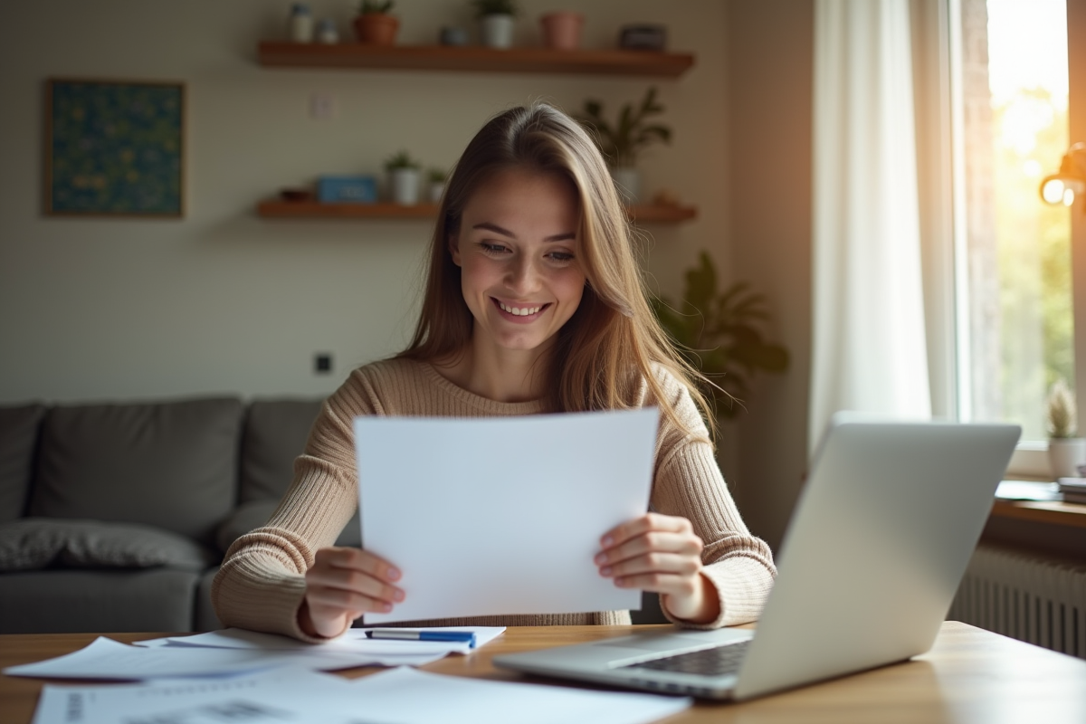 Jeune femme chez elle souriante avec lettre d