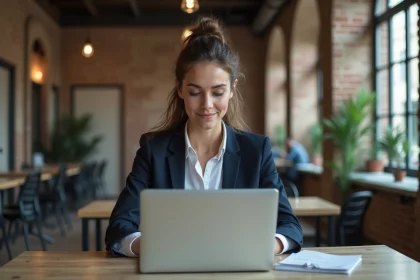 Jeune femme en coworking &agrave; Paris avec sourire naturel