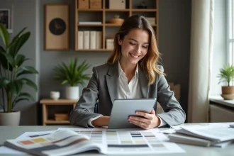 Femme souriante en bureau moderne pour design interieur