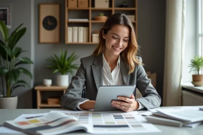 Femme souriante en bureau moderne pour design interieur