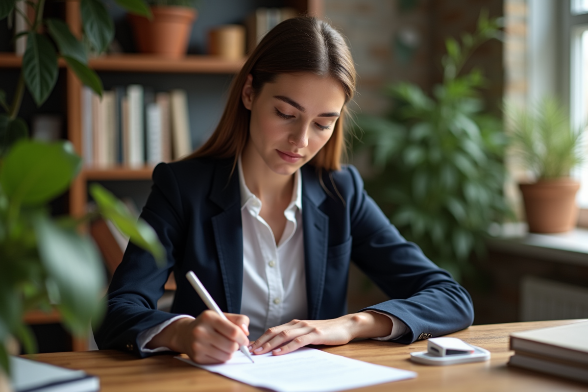 Jeune femme en blazer écrivant une lettre dans un bureau lumineux
