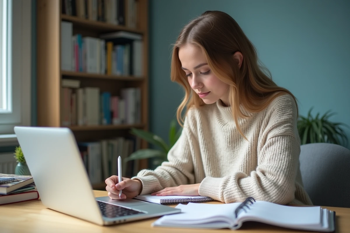 Jeune femme concentrée à son bureau en étude académique