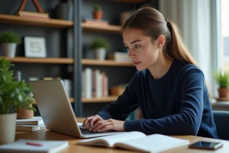 Jeune femme concentrée sur son ordinateur dans un appartement moderne