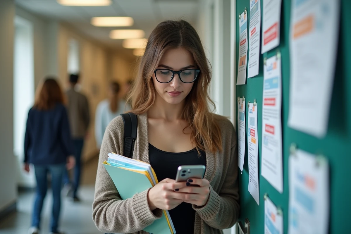 Jeune femme v&eacute;rifiant son smartphone pr&egrave;s du tableau d&rsquo;affichage