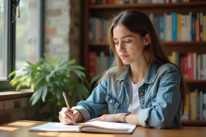 Jeune femme lisant un manuel d'espagnol dans une biblioth&egrave;que lumineuse