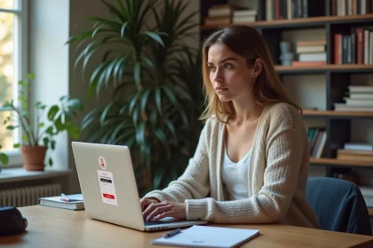Jeune femme concentr&eacute;e sur son ordinateur &agrave; Toulouse