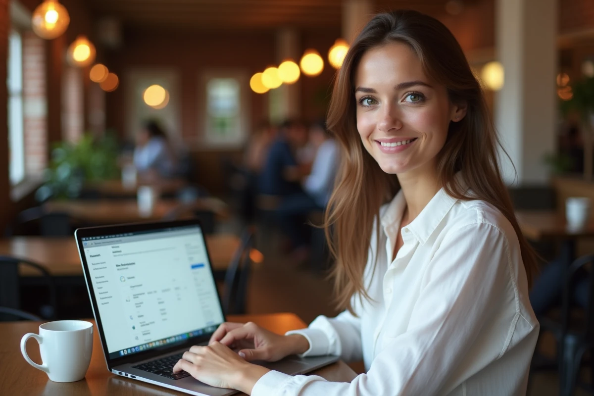 Jeune femme dans un café consultant les paramètres de session de son espace inscrit sur un ordinateur portable