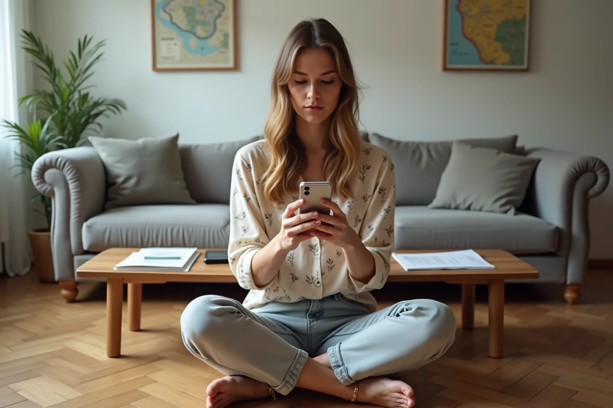 Jeune femme accédant à melouvert Orléans Tours sur smartphone depuis son salon à domicile