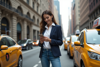 Jeune femme professionnelle dans la ville avec smartphone