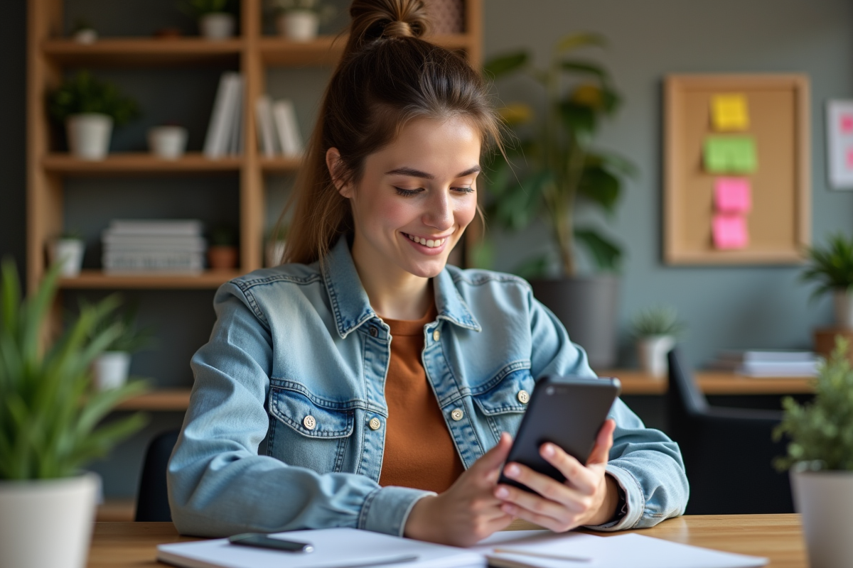 Jeune femme en intérieur éditant une vidéo sur smartphone