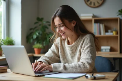 Jeune femme souriante travaillant sur son ordinateur dans un appartement &eacute;tudiant