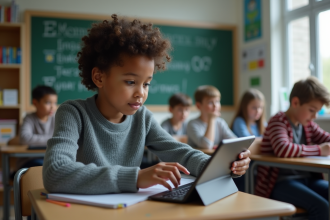 Jeune fille avec tablette en classe moderne