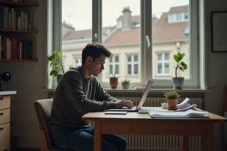 Jeune homme sérieux dans une cuisine avec ordinateur et papiers