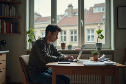 Jeune homme s&eacute;rieux dans une cuisine avec ordinateur et papiers
