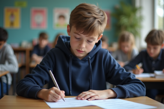 Jeune garçon de 14 ans remplissant un formulaire scolaire