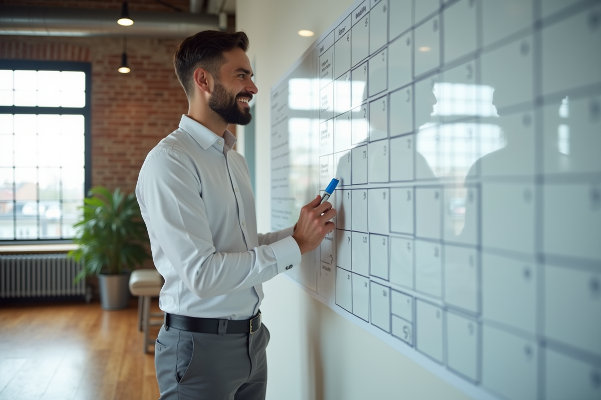 Jeune homme marquant dates sur tableau dans espace de coworking