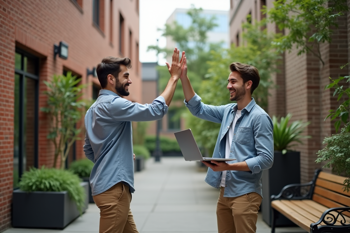 Jeune homme souriant en high five en extérieur