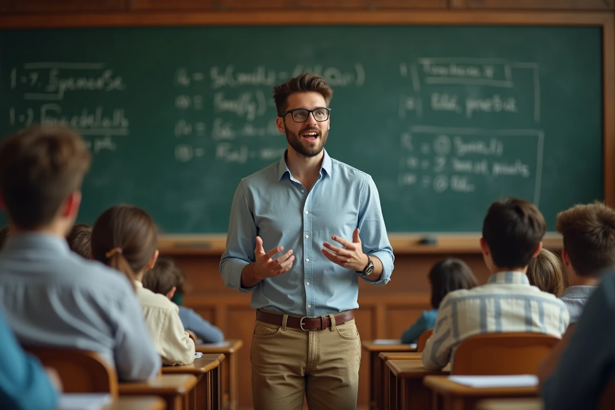 Jeune homme parlant devant un tableau en amphitheatre