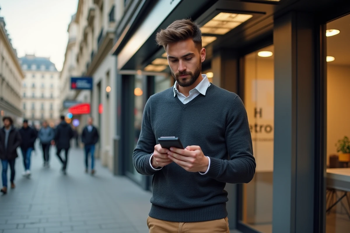 Jeune homme près du métro de Paris vérifiant son smartphone
