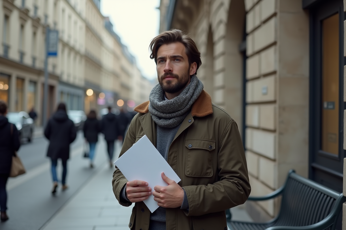 Jeune homme français attend dehors d’un bureau social