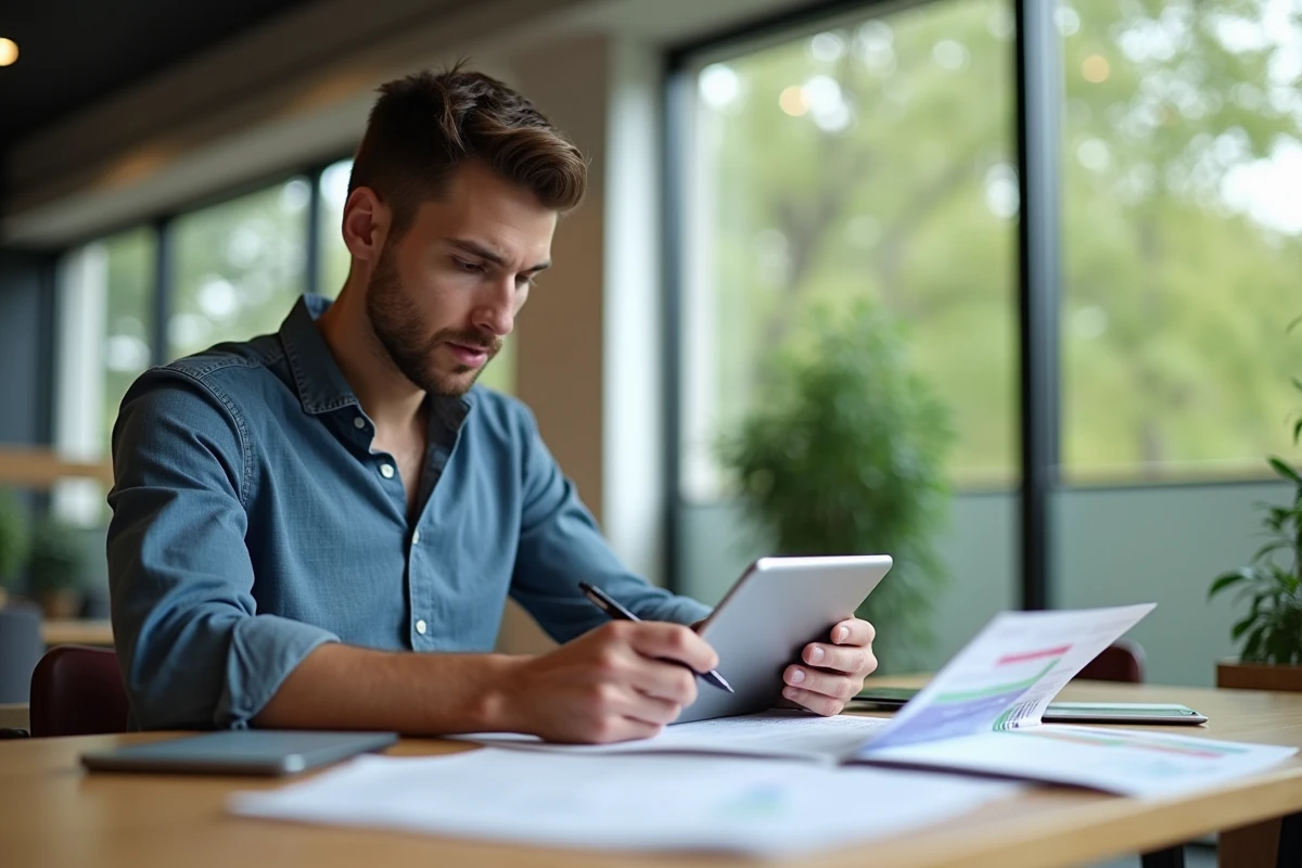Jeune homme étudiant avec tablette et notes dans un lounge