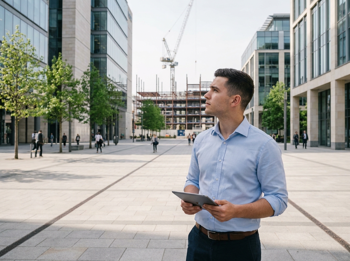 Jeune homme regardant un chantier en ville en plein jour