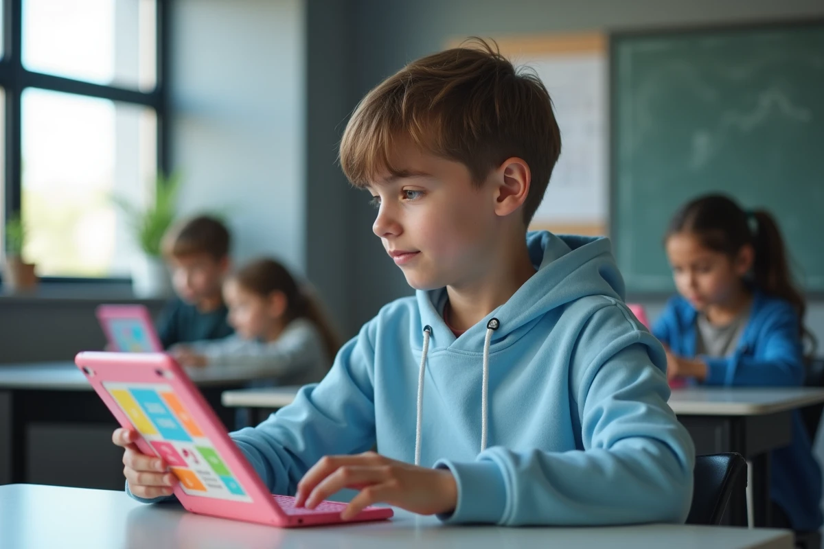 Jeune gar&ccedil;on en classe utilisant une application de memoire sur tablette