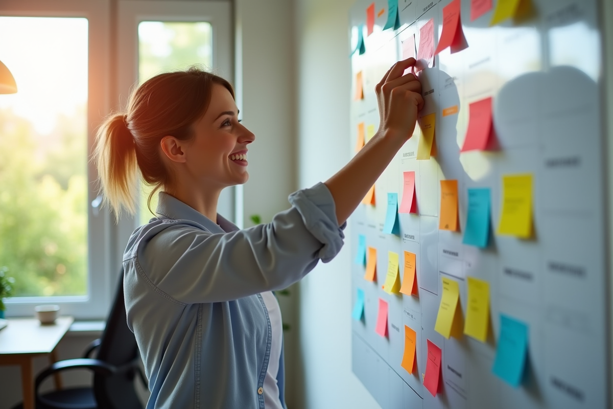 Jeune professionnel utilisant un grand calendrier mural lumineux