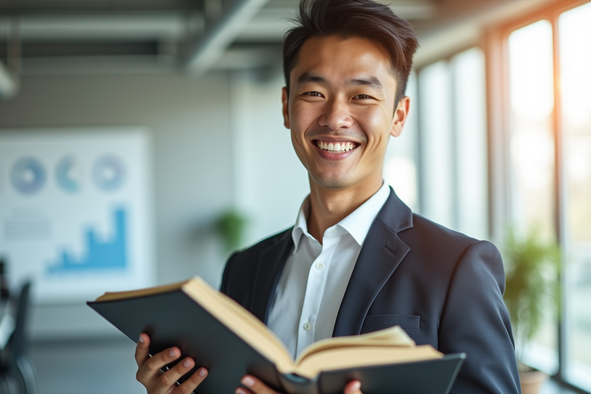 Jeune professionnel confiant avec calculatrice et livre de finance dans un bureau lumineux
